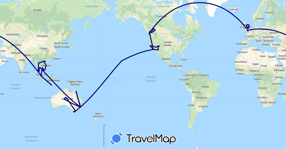TravelMap itinerary: driving in Australia, Canada, United Kingdom, Indonesia, Cambodia, Malaysia, Singapore, Thailand, United States, Vietnam (Asia, Europe, North America, Oceania)